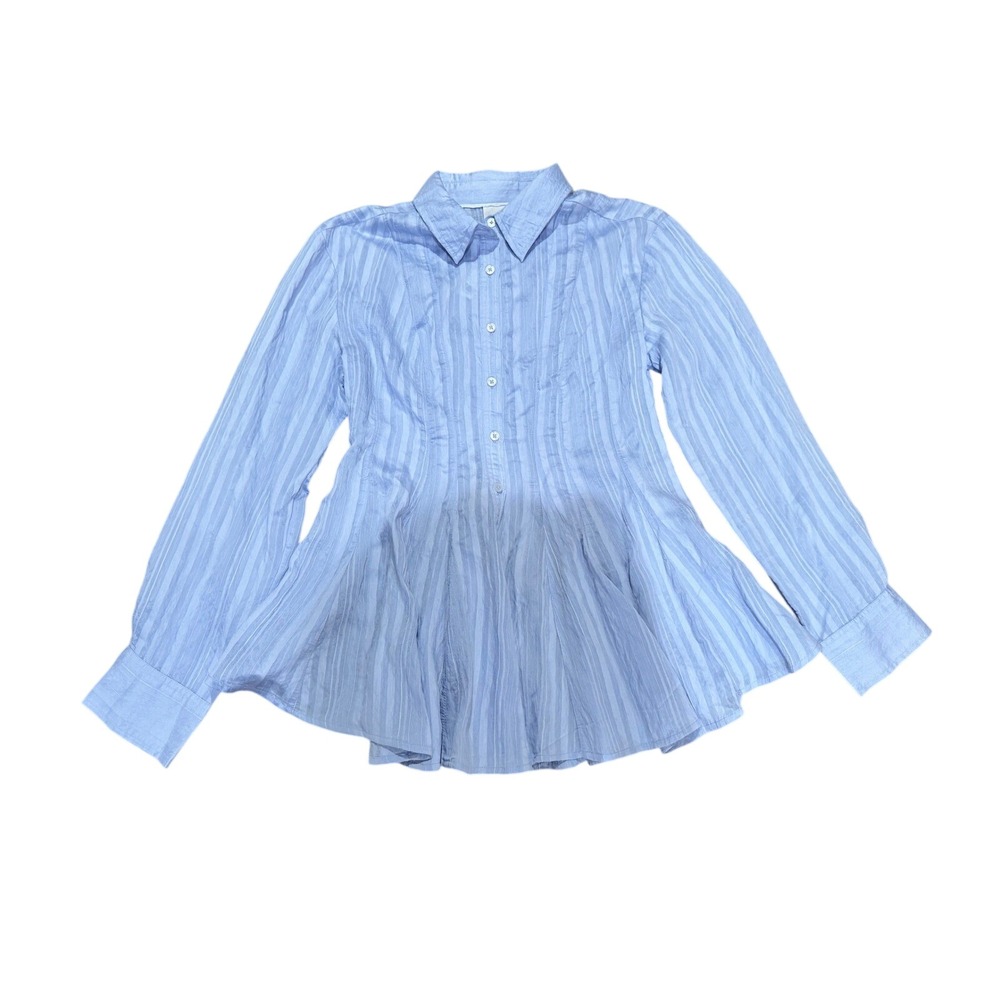 Maeve Anthropologie Blue Striped Peplum Button Down Blouse‎ Shirt Womens Medium